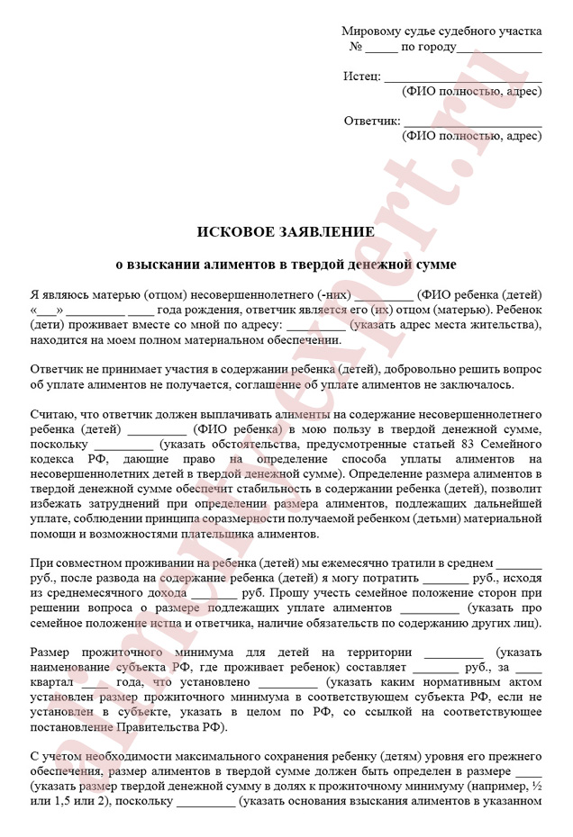 иск о взыскании алиментов образец украина